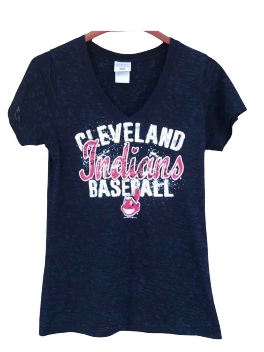 Cleveland Indians Baseball V-Neck Graphic Tee Semi Sheer Navy